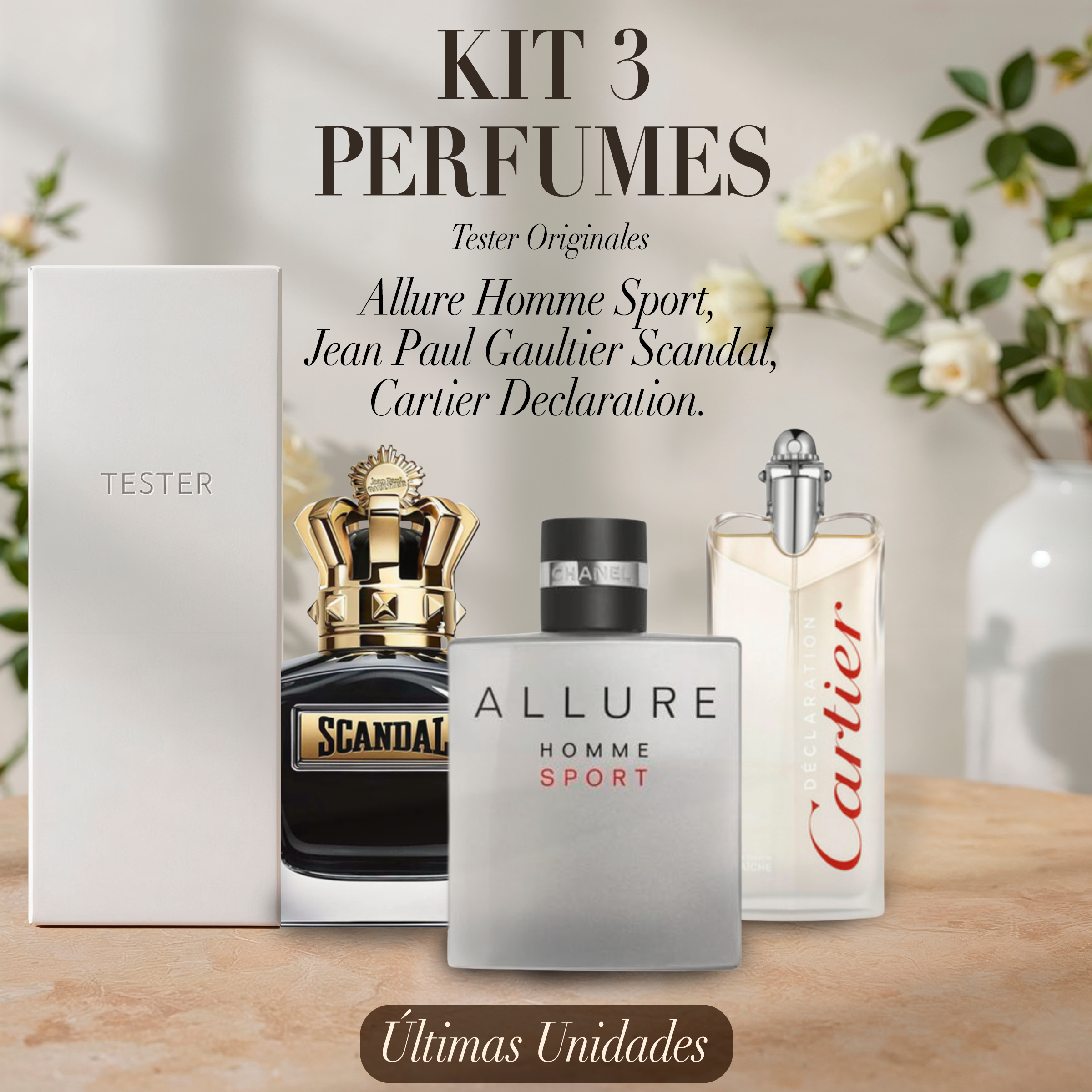 Paquete de 3 perfumes: Allure Homme Sport, Jean Paul Gaultier Scandal, Cartier Declaration (Eau de Parfum) – Tester Original 100ml