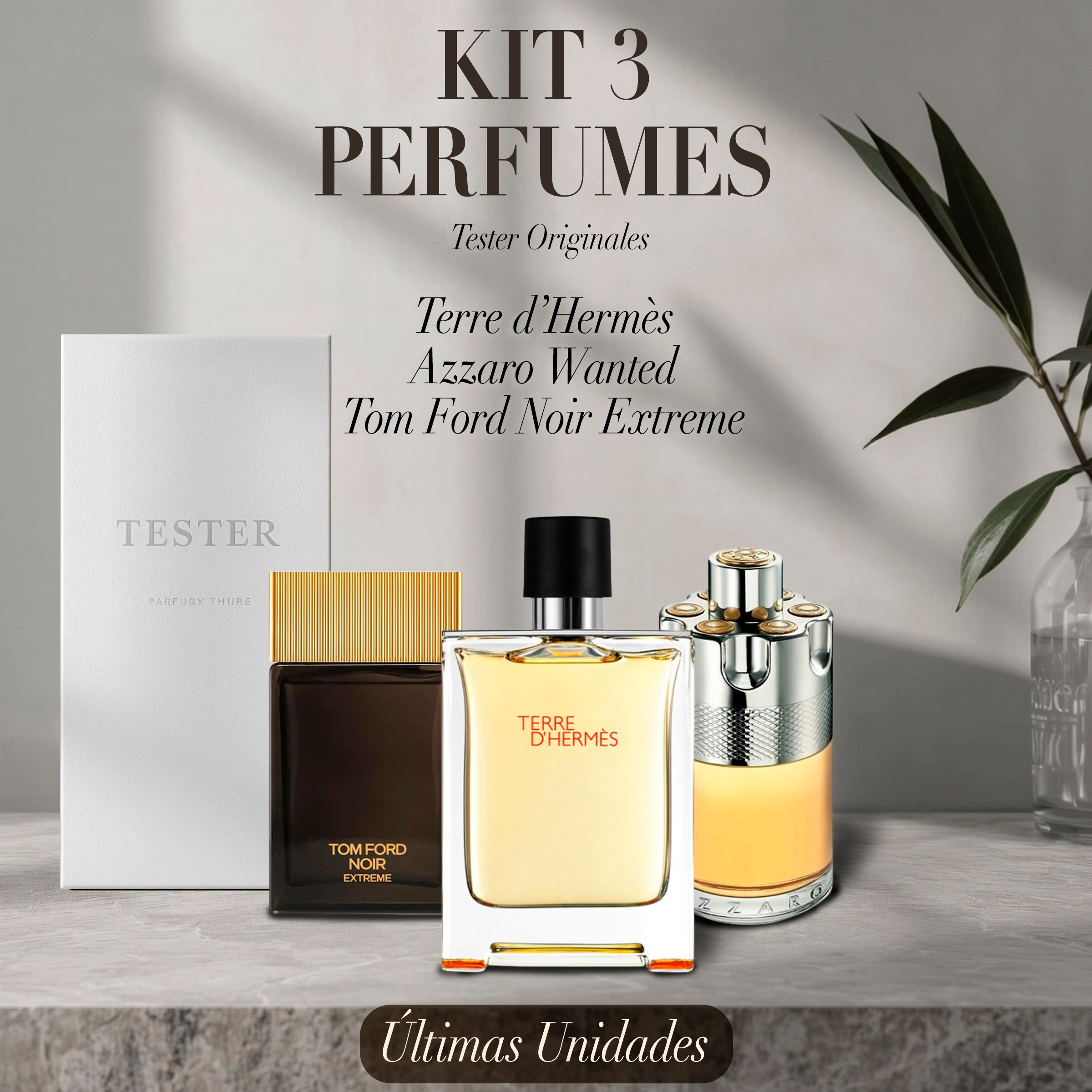 Paquete de 3 perfumes: Terre d’Hermès, Azzaro Wanted, Tom Ford Noir Extreme (Eau de Parfum) – Tester Original 100ml