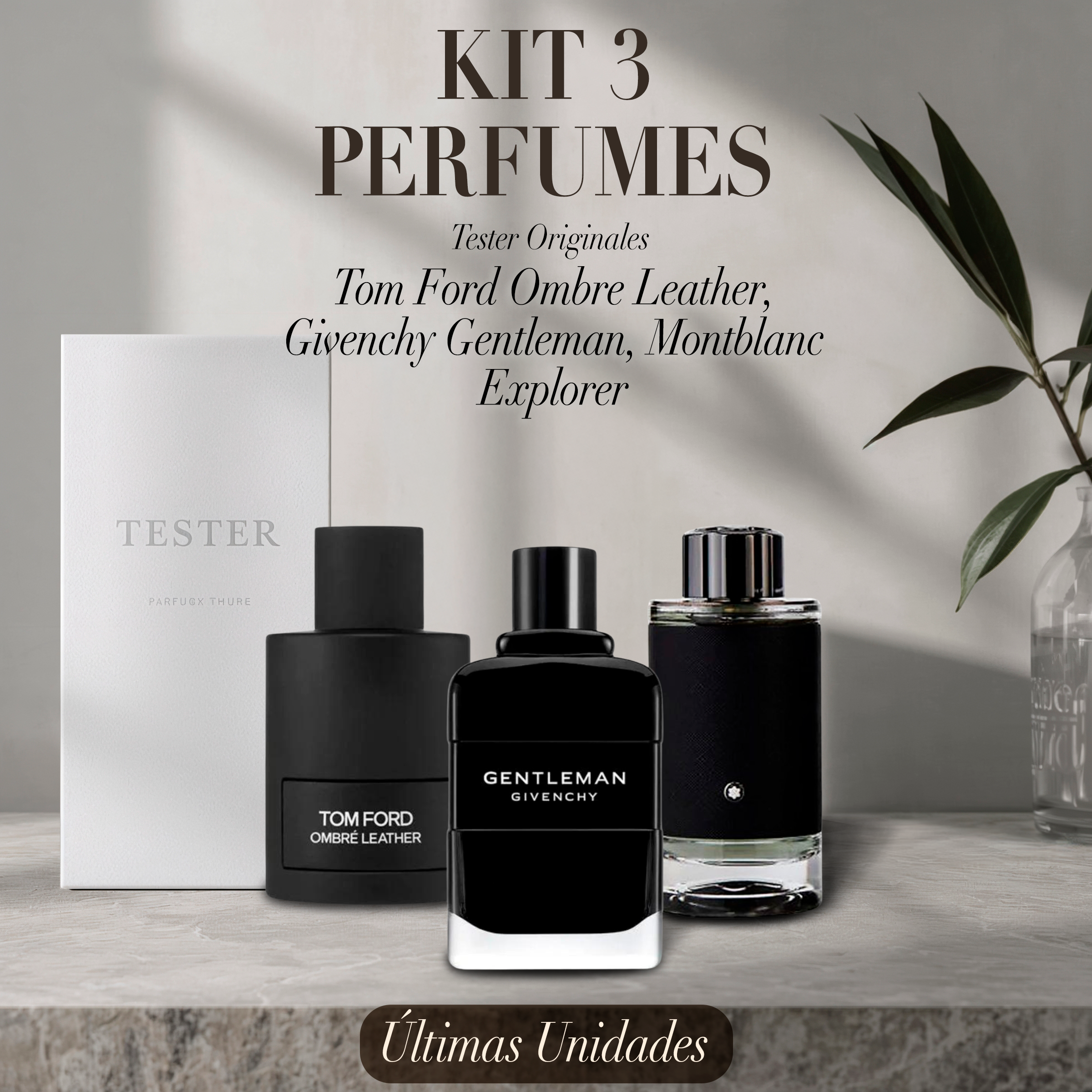 Paquete de 3 perfumes: Tom Ford Ombre Leather, Givenchy Gentleman, Montblanc Explorer (Eau de Parfum) – Tester Original 100ml