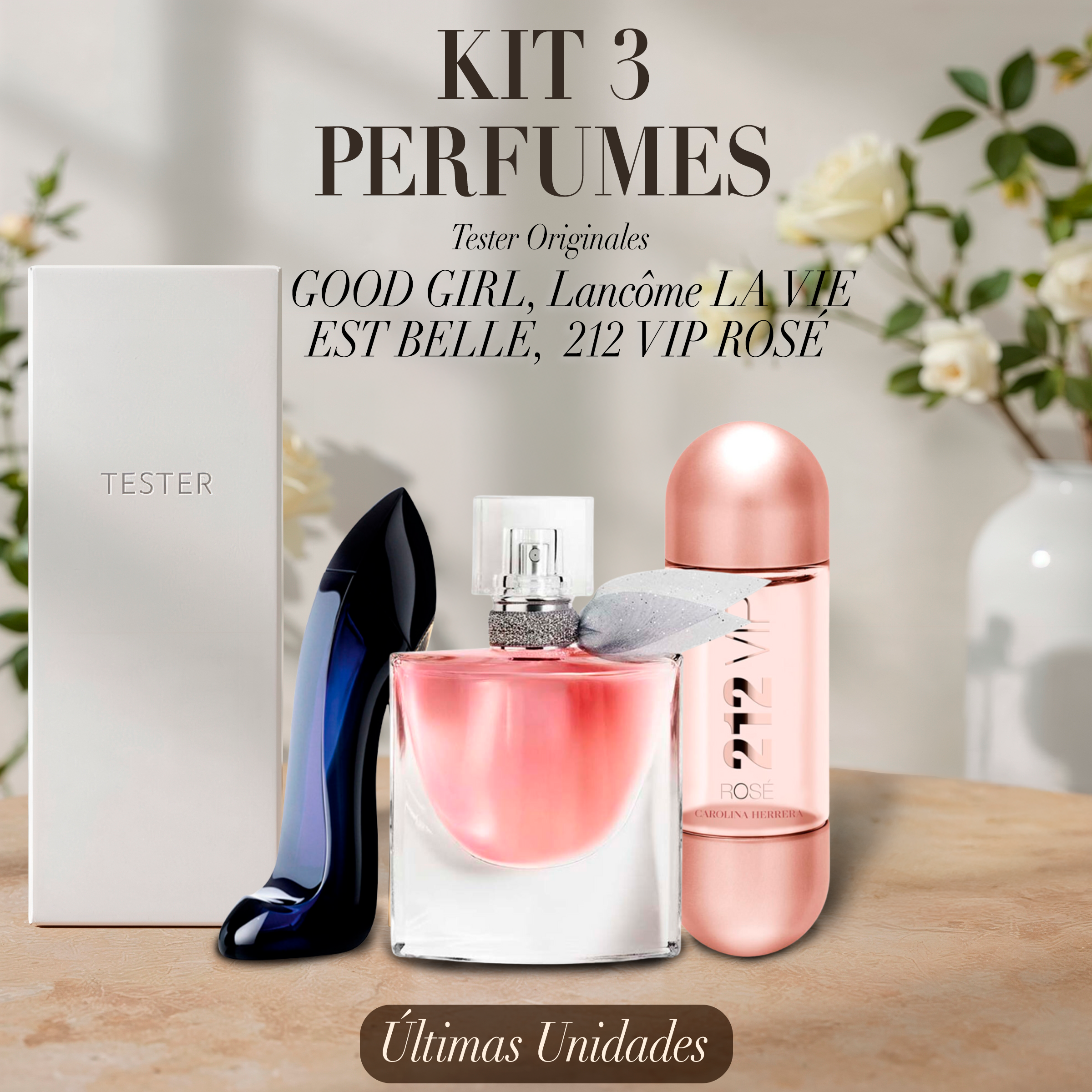 Paquete de 3 perfumes: Carolina Herrera GOOD GIRL, Lancôme LA VIE EST BELLE, Carolina Herrera 212 VIP ROSÉ (Eau de Parfum) – Tester Original 100ml